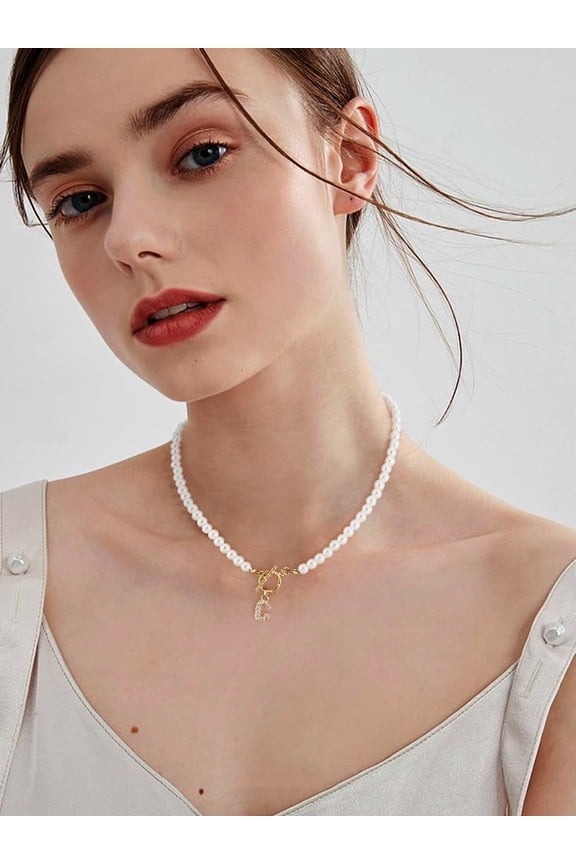 Toggle Letter Pearl Necklace White Imitation Pearl Beaded Necklaces for Mother Sister Jewelry Gifts White DIY
