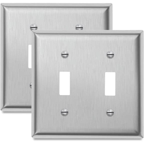 Toggle Light Switch Decorator Metal Wall Plate - Stainless Steel Switch Outlet Cover.Brushed Finish. Silver (2-PACK. Double Toggle)
