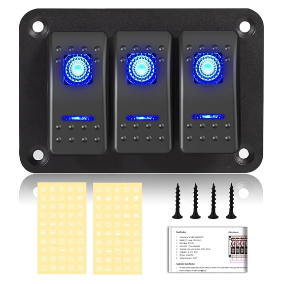 Toggle Switch Panel 3 Gang Waterproof Aluminum Switch,12V/24V Rocker Switch Panel, 5 Pin On-Off Car Boat Switch,Blue LED Switch Panel for Marine Boat Automotive Car RV Truck Vehicles