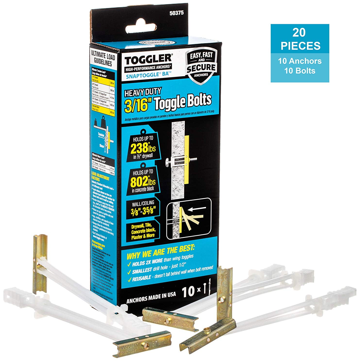 Toggler 50375 Snaptoggle BA Hollow Wall Anchors, 3/16-24-in., 10-Pk ...
