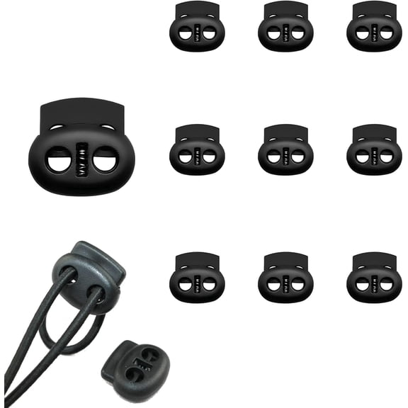 Toggles For Drawstrings 10 Pack Cord Locks Set, Dual-Holes Spring Set Double Holes Toggle Loaded Plastic Round Ends Stopper Fastener Oval Locks, Black, M, (SQ-SKTHSSTZ01-BK10-CX-UK)
