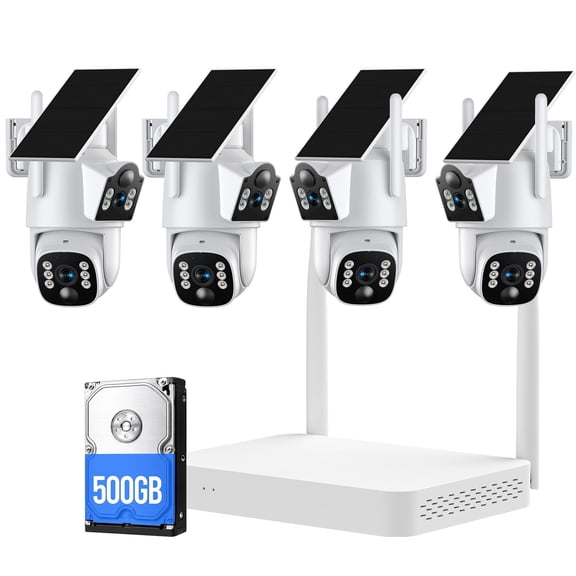 TOGUARD SC56 Solar Wireless Security Camera System Outdoor with 500G Hard Drive 4pcs 2K PTZ Dual Lens Linkage Security Surveillance Cameras Multi-Angle Monitoring