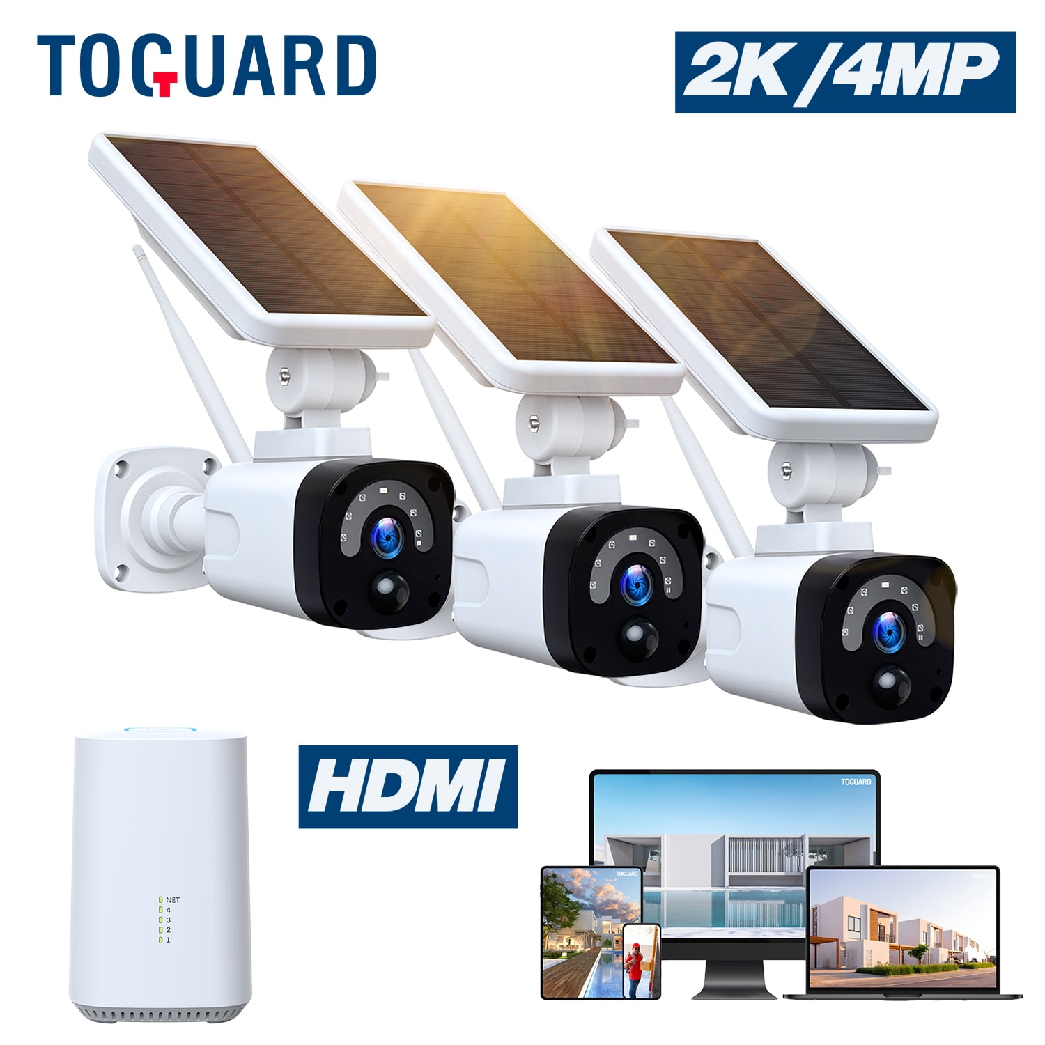 TOGUARD SC04 2K/4MP Solar Security Camera System Outdoor Wireless Bullet Surveillance Camera NVR HDMI Connector