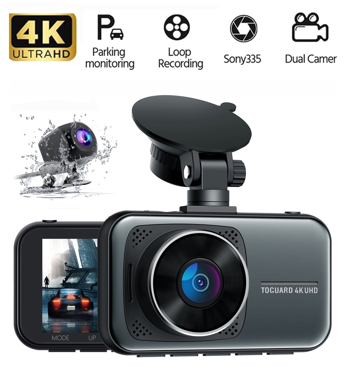 Toguard 4K Dash Cam Front and Rear 3 inch Dual Dash Camera, with 1080P Waterproof Car Camera, Loop Recording, G-Sensor, Night vision, Parking Monitor, WDR