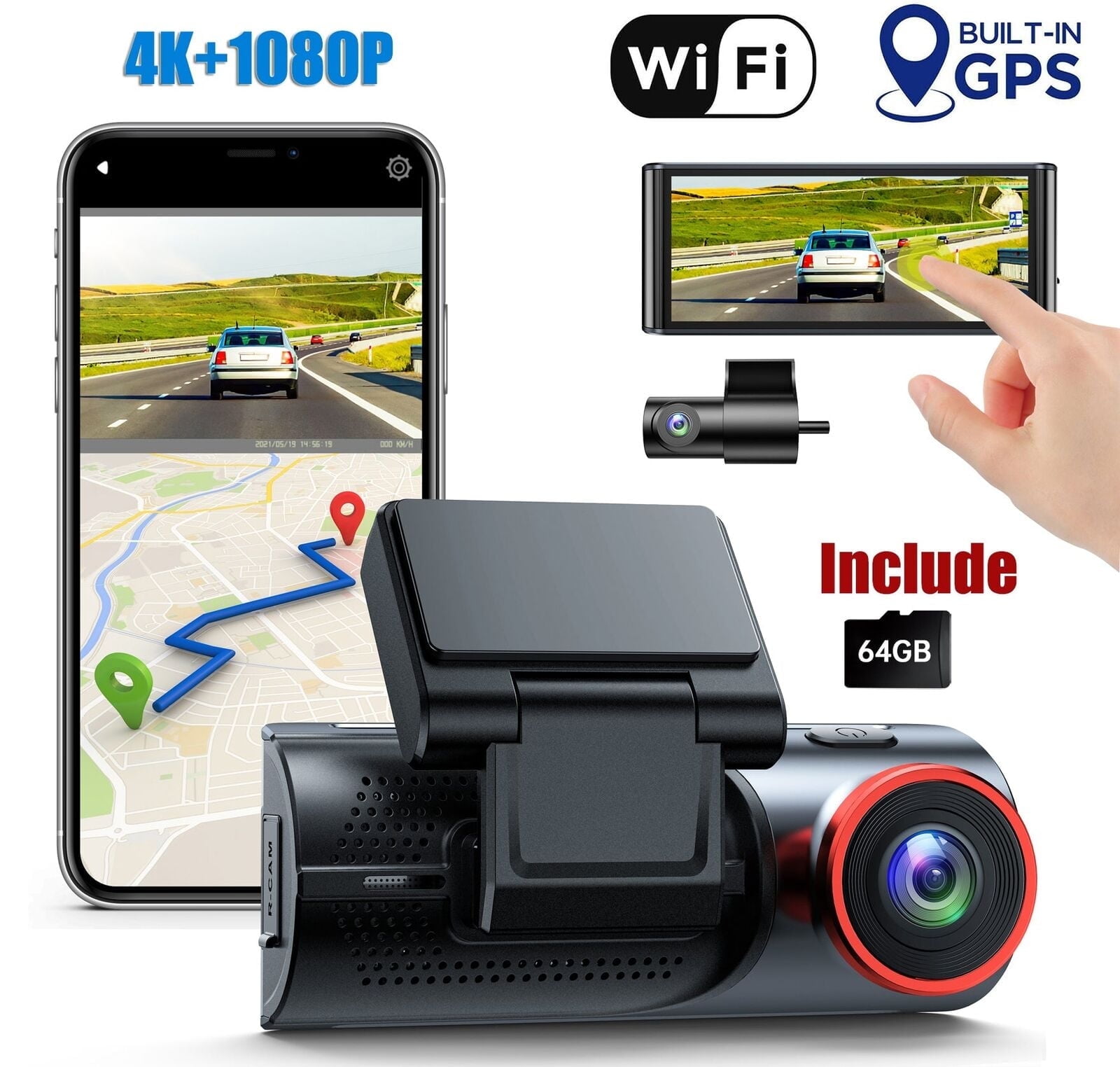 Toguard 4K Wireless Dash Cam, Front/Rear with WiFi GPS, IPS
