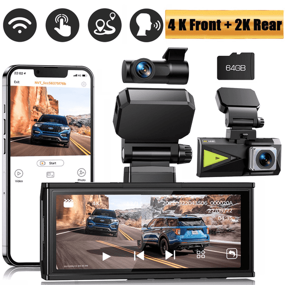 TOGUARD Dashcam Front and Rear, 4K+2.5K Dash Camera Support App with 5G WiFi&GPS,3.16" Touchscreen Car Camera with G-Sensor, Loop Recording, 64GB Card