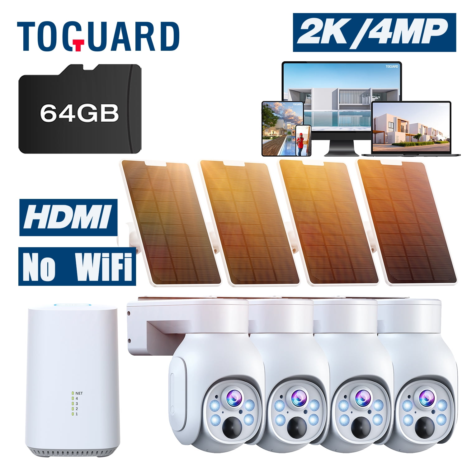 TOGUARD 10CH SC23 4MP Solar Security Camera System Outdoor Wireless WiFi Dome Surveillance Camera NVR HDMI Connector