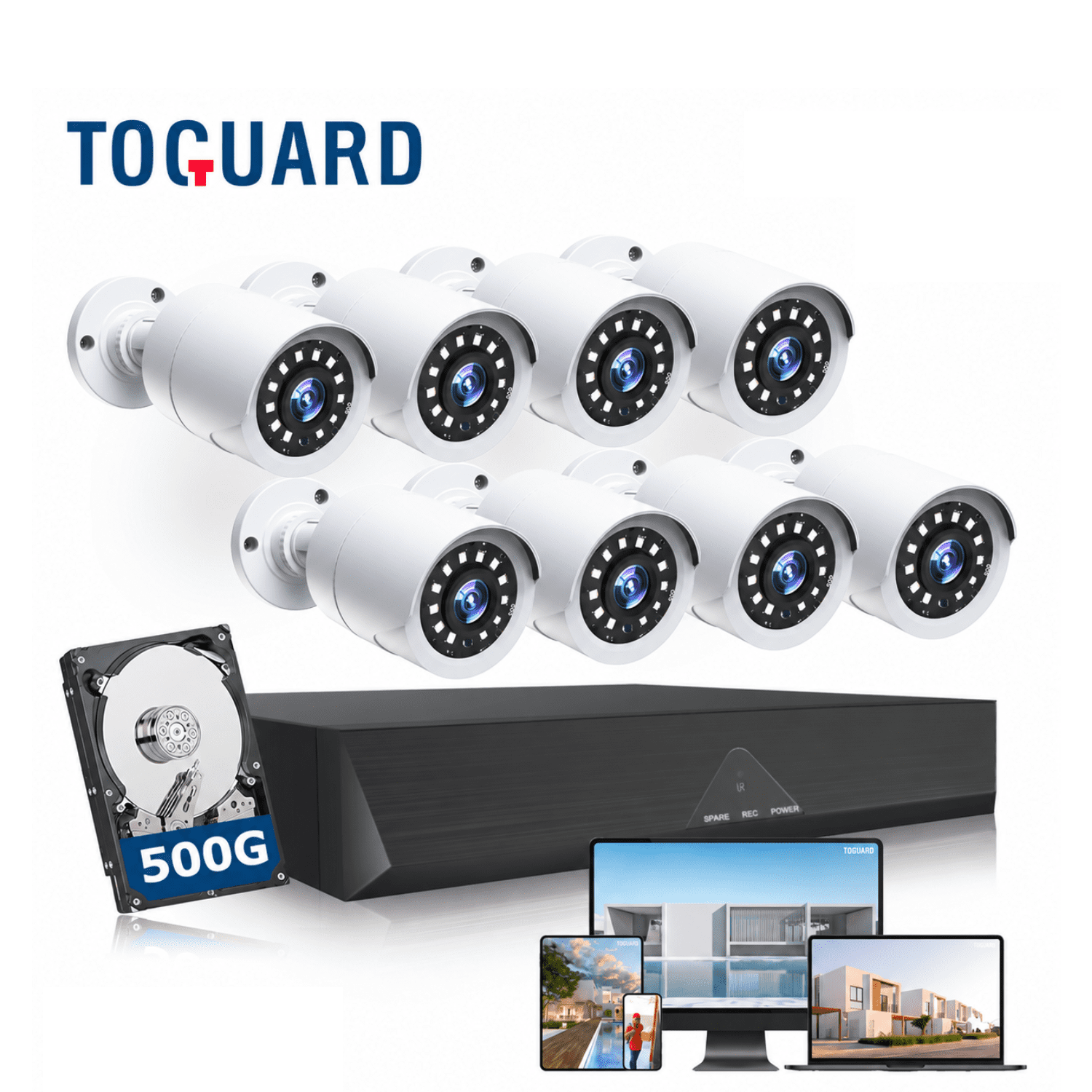 Toguard SC35 8CH CCTV Security Camera System Outdoor with 500GB Hard Drive 8pcs Wired 1080P Bullet Surveillance Cameras HDMI Connector