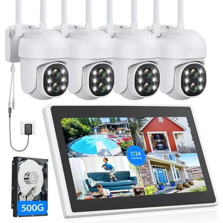 Toguard SC37 10CH Wired Security Camera System Outdoor with 500G Hard Drive, 2K 10.1" LCD NVR Monitor, 4pcs 1080P PTZ IP Security Surveillance Cameras Dual Lens, Wireless WiFi Sigal