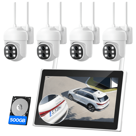 Toguard SC37 10CH Wired Security Camera System Outdoor with 500G Hard Drive, 2K 10.1" LCD NVR Monitor, 4pcs 1080P PTZ Security Surveillance Cameras, Wireless WiFi Sigal