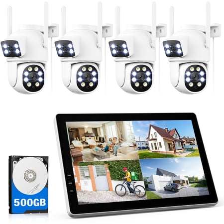 Toguard SC49 10CH Wired Security Camera System Outdoor with 500G Hard Drive, 2K 10.1" LCD NVR Monitor, 4pcs 2K/2MP+2PM PTZ Dual Lens Linkage Security Surveillance Cameras, Wireless WiFi Sigal
