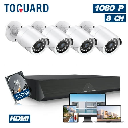 Toguard SC35 8CH CCTV Security Camera System Outdoor with 500GB Hard Drive 4pcs Wired 1080P Bullet Surveillance Cameras HDMI Connector