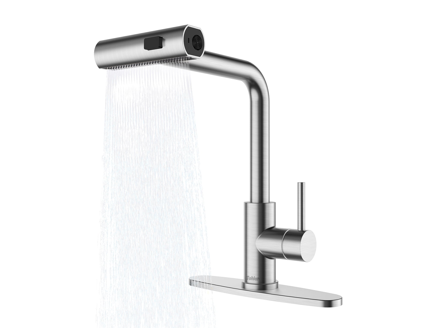 Tohlar Kitchen Faucet, Waterfall Kitchen Faucet with Pull Down Sprayer, 3 Modes Sprayer Kitchen Sink Faucet Single Lever Handle Faucet for Kitchen Sink, Brushed Nickel