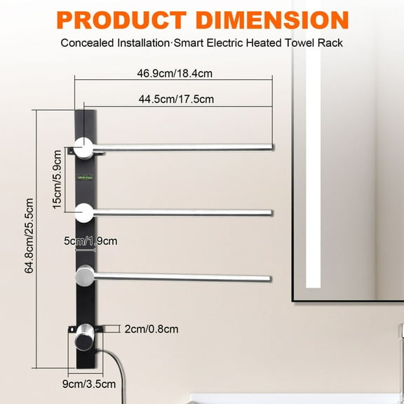 Tohu 75W Heated Towel Rack, 304 Stainless Steel Increment Control Touch Control Towel Warmer Rack