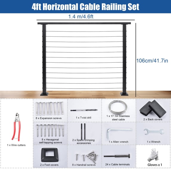Tohu Outdoor Cable Railing 42in Height, Powder-Coated Finish ...
