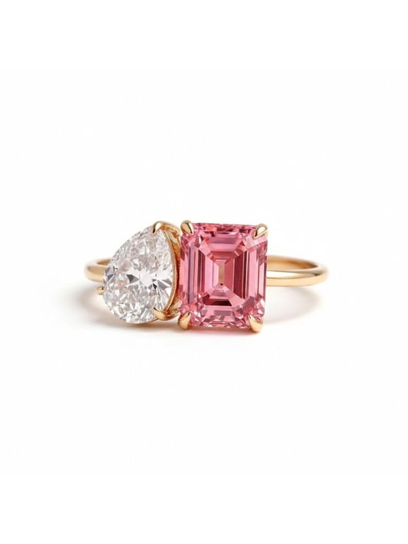 Toi Et Moi Engagement Ring, Octagon Cut Pink Sapphire & Pear Cut Diamond Two Stone Ring, Stackable Anniversary Ring, September Birthstone Ring, Minimalist Proposal Ring