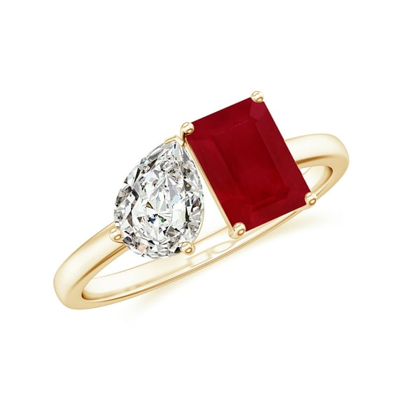 Toi Et Moi Octagon Cut and Pear-Shaped Ruby Engagement Ring in 925 Sterling Silver/ Yellow Gold Plated Two Stone Promise Wedding Band Ring July Birthstone Jewelry, Ring Size 6