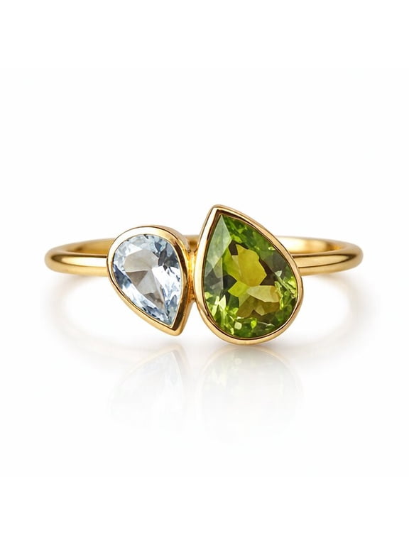 Toi Et Moi Pear Cut Aquamarine & Peridot Anniversary Ring, August Birthstone Ring, Stackable Two Stone Ring, Promise Ring, Gift For Love, Handmade Jewelry
