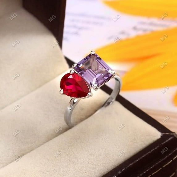 Toi et Moi Emerald Cut Amethyst & Pear Cut Lab Grown Ruby Engagement Ring/ 925 Silver Double Stone Wedding Ring/ Anniversary Promise Gifts.