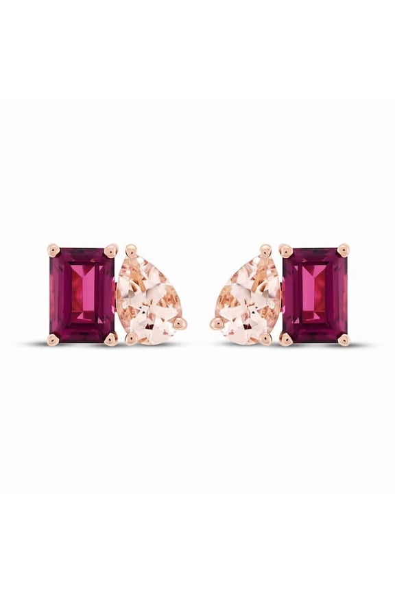 Toi et Moi Emerald-Cut Lab-Created Rhodolite Garnet & Pear-Shaped Morganite Stud Earrings in 925 Sterling Silver – Elegant Mother's Day Gift, Unique Gemstone Jewelry for Her