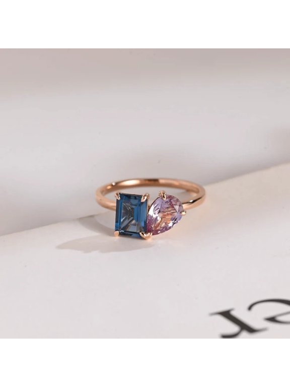 Toi et Moi London Blue Topaz & Alexandrite Ring in 14K Rose Gold Vermeil - Emerald & Pear Cut Gemstone Promise Ring - Two Stone Engagement Ring for Women
