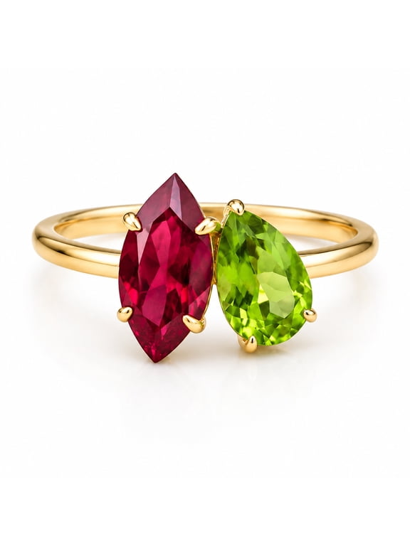 Toi et Moi Ring Marquise Pear Cut Two Stone Ring, Lab Created Ruby Peridot Ring, Sterling Silver Gold Plated Promise Ring, Anniversary Gift for Her, Dual Birthstone Ring, Romantic Jewelry