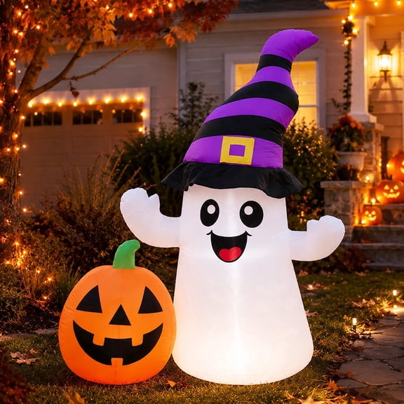 Toiyjofe 5.5 ft Halloween Inflatable Ghost with Pumpkin and LED Lights, Cute Blow up Outdoor Yard Decoration for Lawn, Porch, Garden