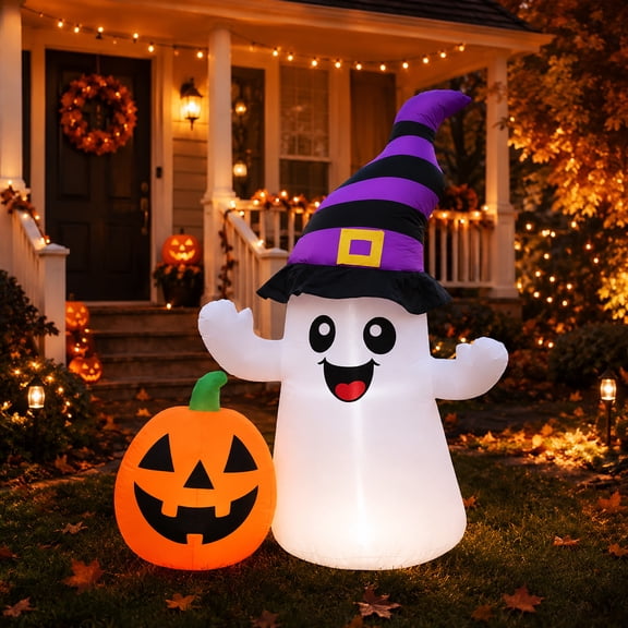 Toiyjofe 5.5 FT Halloween Inflatable Ghost with Pumpkin, Lighted Outdoor Halloween Yard Decoration for Porch, Lawn & Party