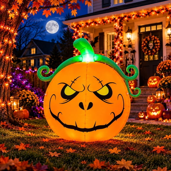 Toiyjofe 5 ft Halloween Inflatable Pumpkin with Funny Grumpy Jack-O'-Lantern Face, Bright LED Blow up Yard Decoration for Porch Lawn Garden