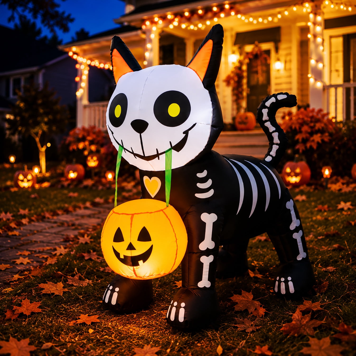 Toiyjofe, Halloween Inflatable Skeleton Cat, with Pumpkin Lantern ...