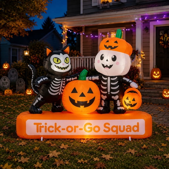 Toiyjofe 7FT Halloween Inflatable Trick-or-Go Squad, Lighted Cat, Skeleton & Pumpkin Outdoor Yard Decoration for Trick-or-Treat Displays, Lawn, Garden & Porch