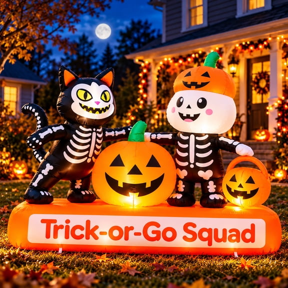 Toiyjofe 7ft Halloween Inflatable with Skeleton Cat & Pumpkins, LED Lighted Trick-or-Treat Outdoor Decoration for Yard, Party & Storefront
