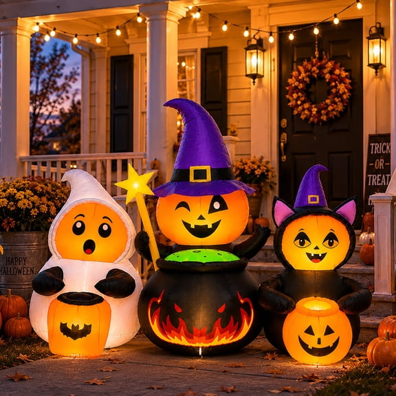 Toiyjofe 7ft Halloween Party Inflatable Display with Witch Pumpkin, Ghost & Black Cat, LED Outdoor Yard Decoration for Porch & Lawn
