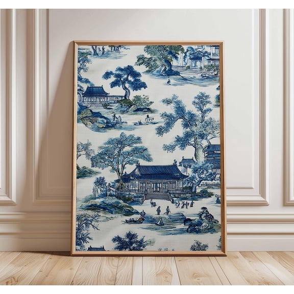 Toile Blue and White Asian Landscape Chinese Pavilion Traditional Antique Style Art Unframed Paper Print