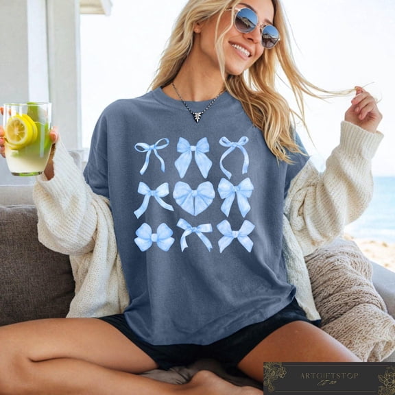 Toile Bow Shirt, Blue Coquette Tshirt, Ladies Aesthetic T-shirt, Cute Ribbon Tee, Retro Comfort Tee, Girly Girl Apparel, for Her, F3662