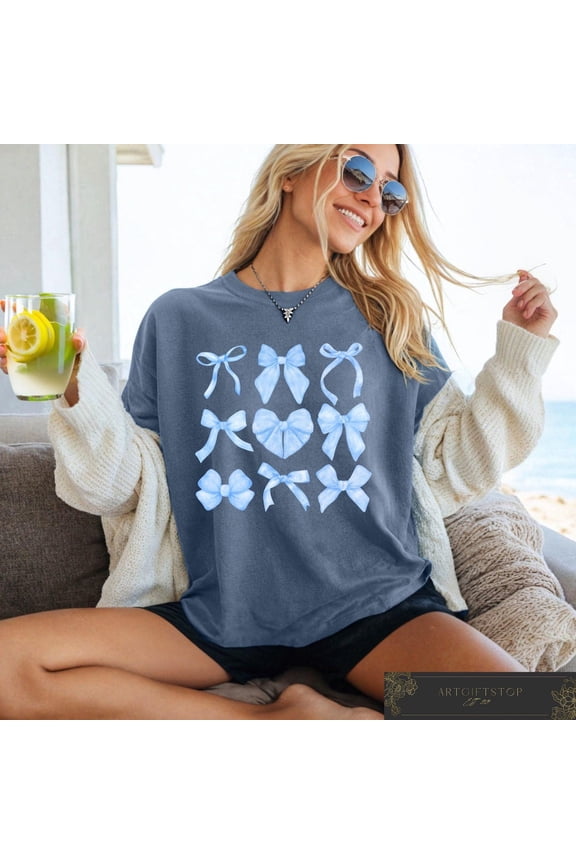 Toile Bow Shirt, Blue Coquette Tshirt, Ladies Aesthetic T-shirt, Cute Ribbon Tee, Retro Comfort Tee, Girly Girl Apparel, for Her, F3662