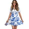 thumbnail image 1 of Toile De Jouy Blue And White Women Dress V-Neck Short Sleeve Flowy Swing Party Midi Dress, 1 of 4