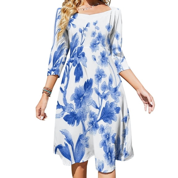 Toile De Jouy Blue And White Women's Fall Dresses Casual Loose Flowy Swing Shift Dress
