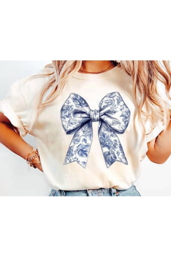 Toile De Jouy Coquette Bow Shirt Blue Ribbon Shirt Girly Aesthetic Toile Blue Farmhouse Shirt Preppy Garden Flag Shirt T Shirt All Size S-3XL