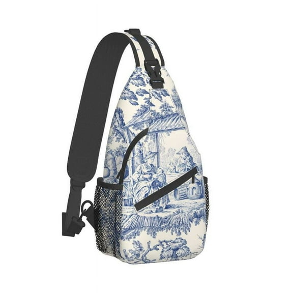 Toile De Jouy Navy Blue Motif Pattern Sling Bag for Men Classic French Style Shoulder Crossbody Chest Backpack Hiking Daypack