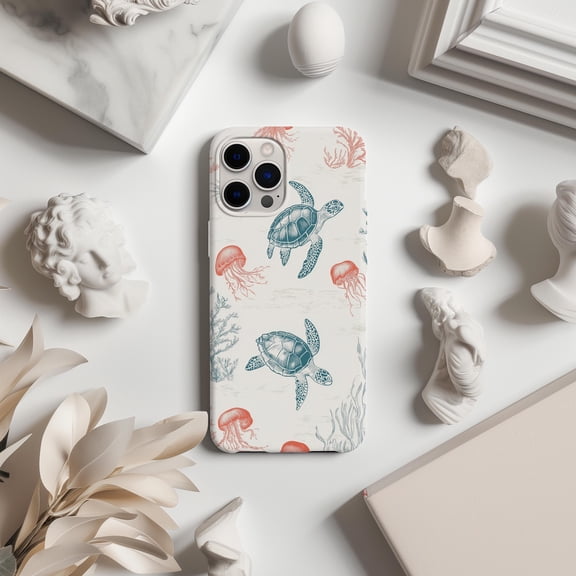 Toile De Jouy Ocean Phone Case Fits iPhone Samsung Galaxy Hard Shell Sea Turtle Jellyfish Blue White Art