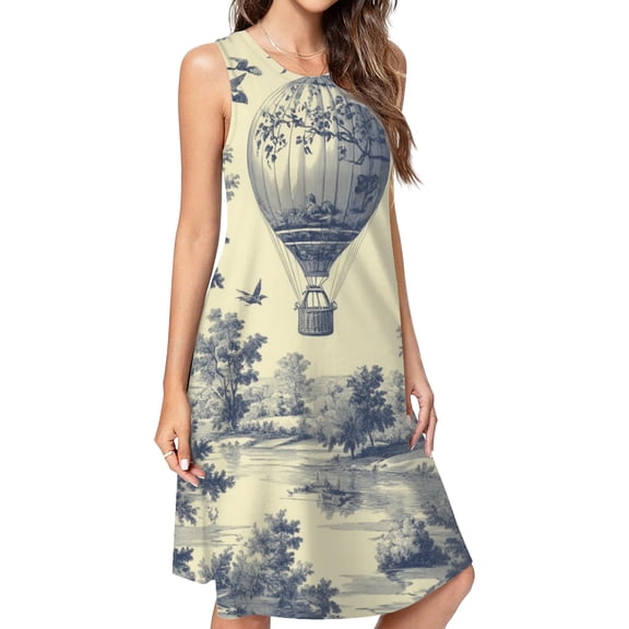 Toile De Jouy Vintage Spring Summer Dresses For Women Fashion Dress Casual Sleeveless Loose Sundress With Pockets