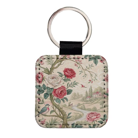 Toile Pattern Flowers Birds Faux Leather Square Keychain