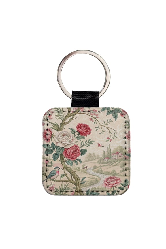 Toile Pattern Flowers Birds Faux Leather Square Keychain