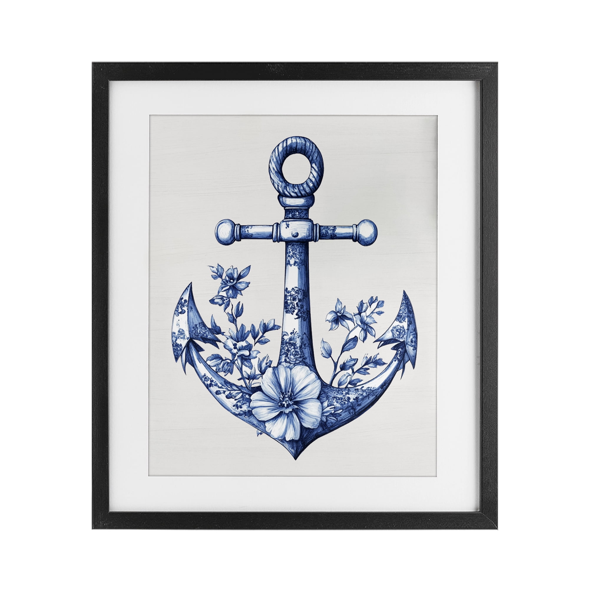 Toile Patterned Anchor Black Framed Print Under Glass, design by Lettered and Lined