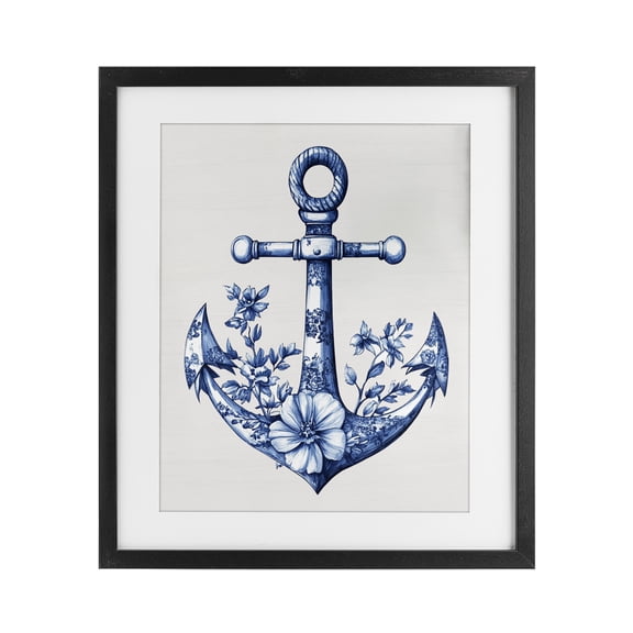 Toile Patterned Anchor Black Framed Print Under Glass, design by Lettered and Lined