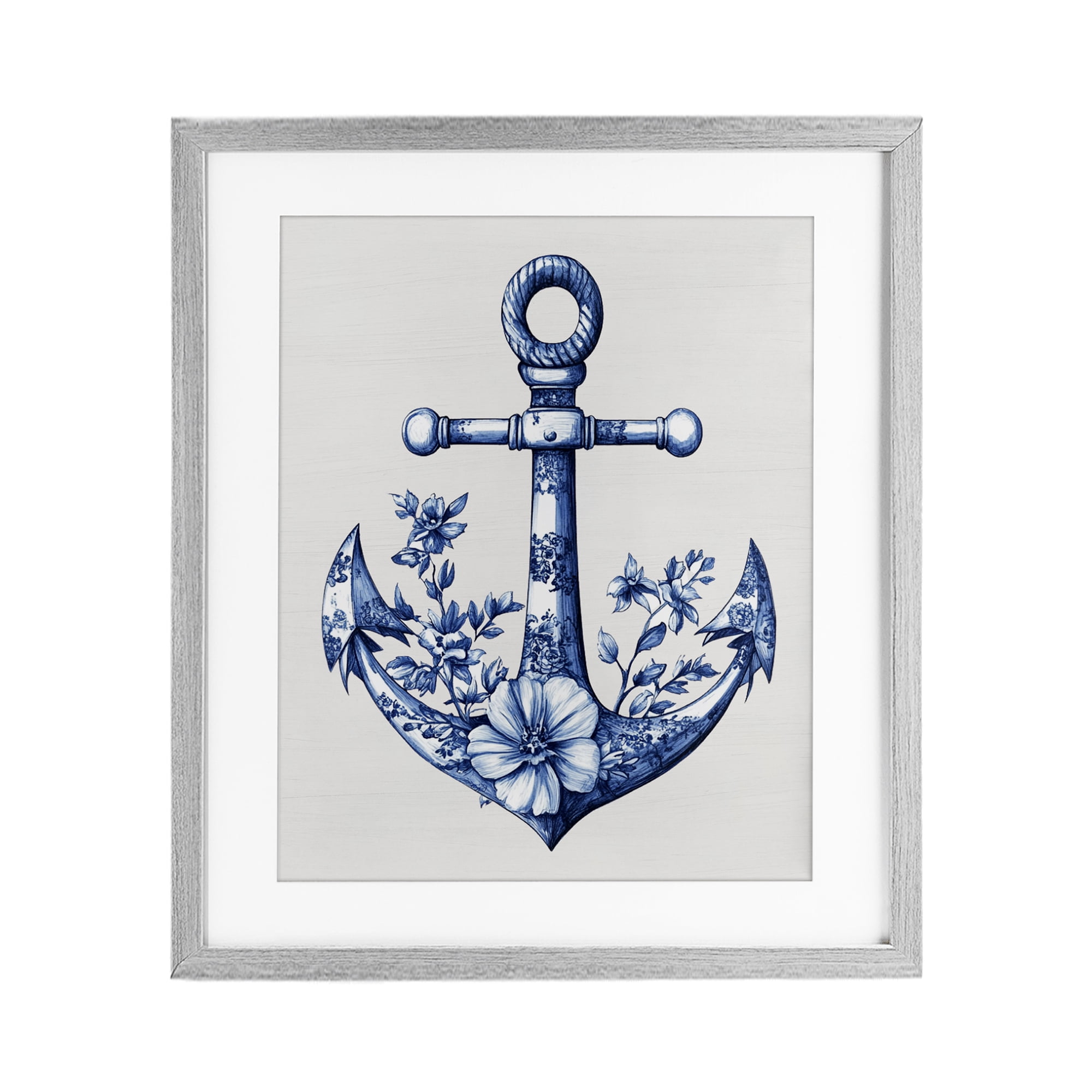 Toile Patterned Anchor Gray Framed Print Under Glass, design by Lettered and Lined