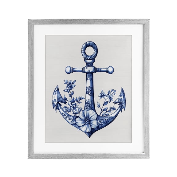 Toile Patterned Anchor Gray Framed Print Under Glass, design by Lettered and Lined