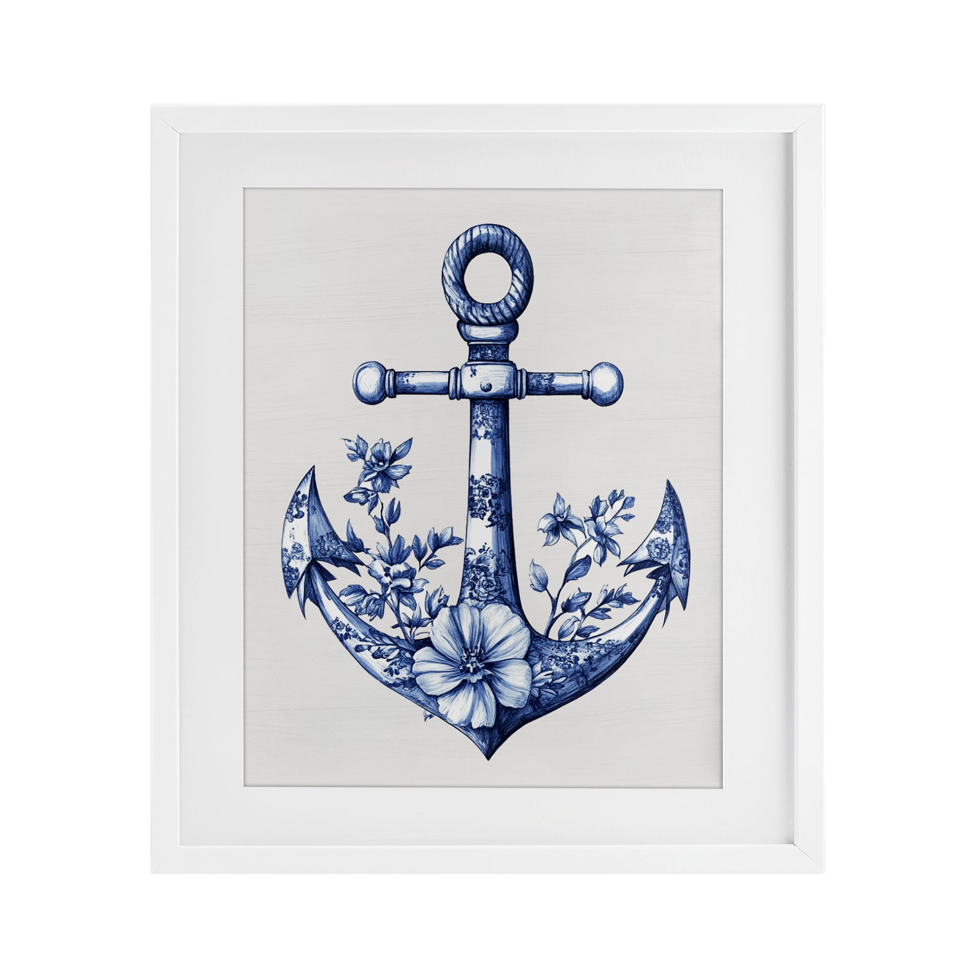 Toile Patterned Anchor White Framed Print Under Glass, design by Lettered and Lined