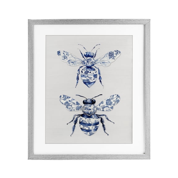 Toile Patterned Bees Gray Framed Print Under Glass, design by Lettered and Lined